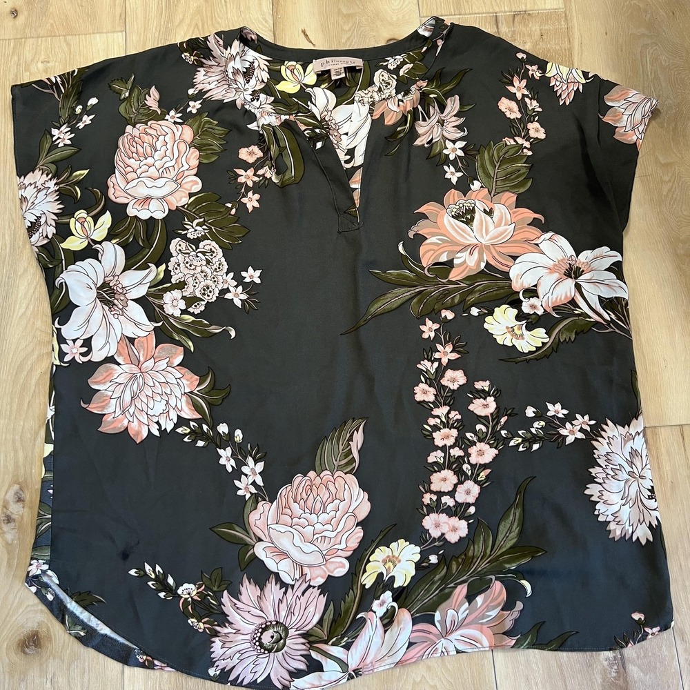 Philosophy Woman Top Womens 1X Black Floral Tunic Dolman Short Sleeve Blouse